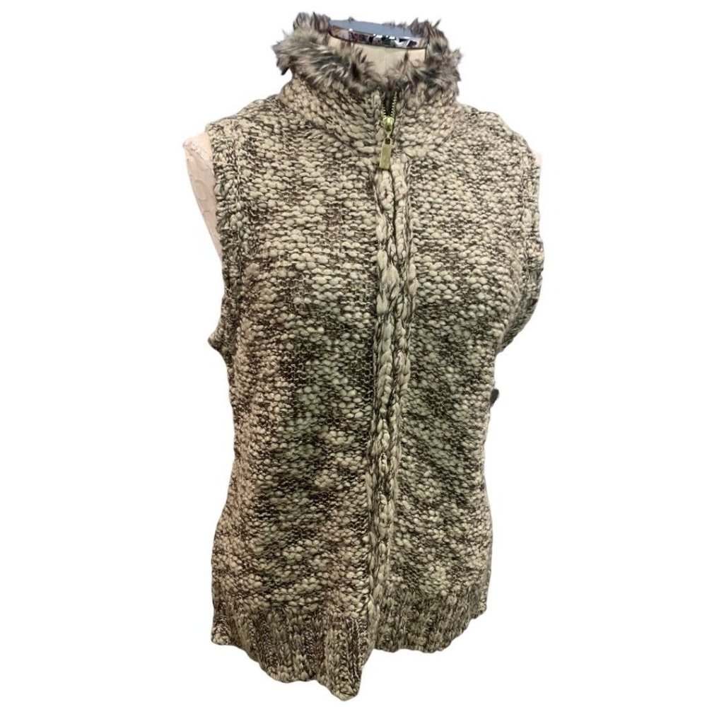 Medium Petite Charter Club Women's Full Zip Sweater Vest Tan Gold Metallic